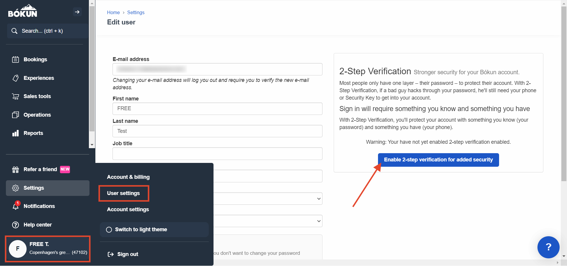 Bókuns edit user page with the enable 2-step verification button