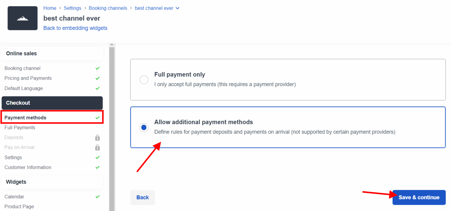 The payment methods tab in the booking channel settings in Bókun highlighting the option to allow additional payment methods