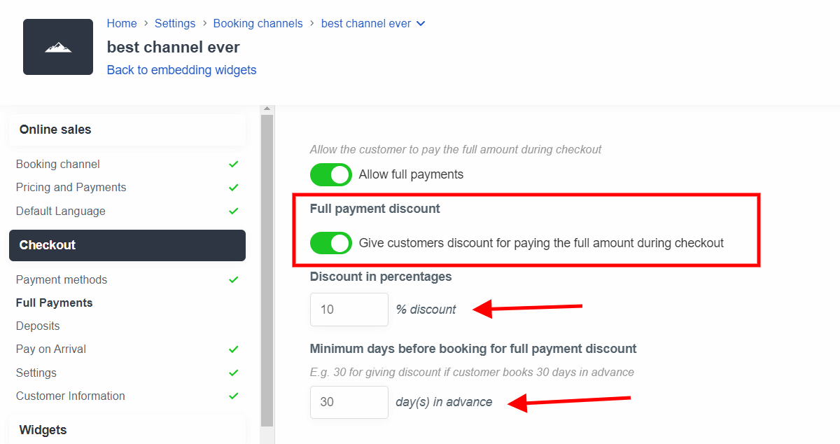 The full payments tab in Bókun showing the option to add a discount