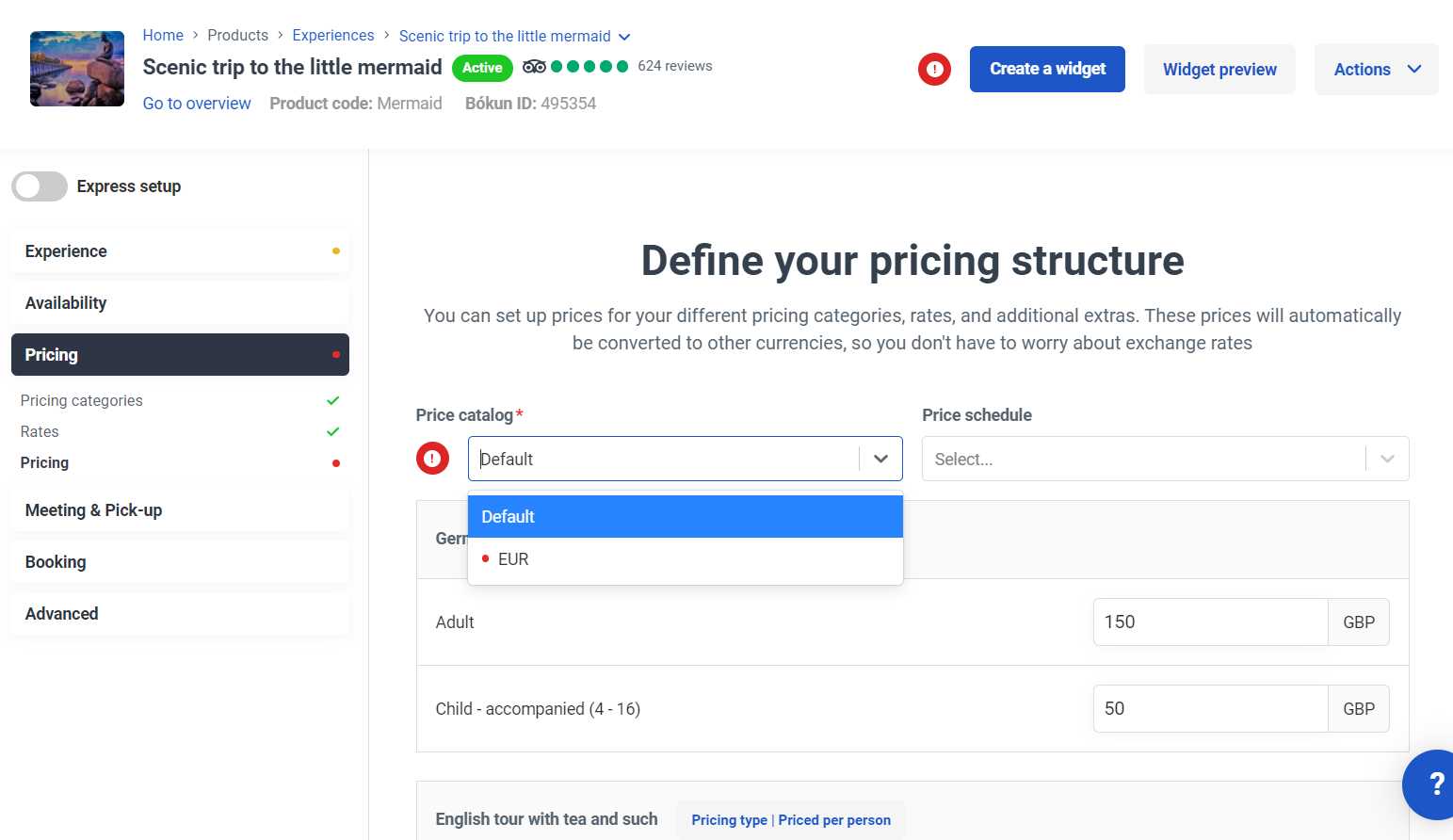 The new pricing catalog in the pricing tab in the Bókun experience editor
