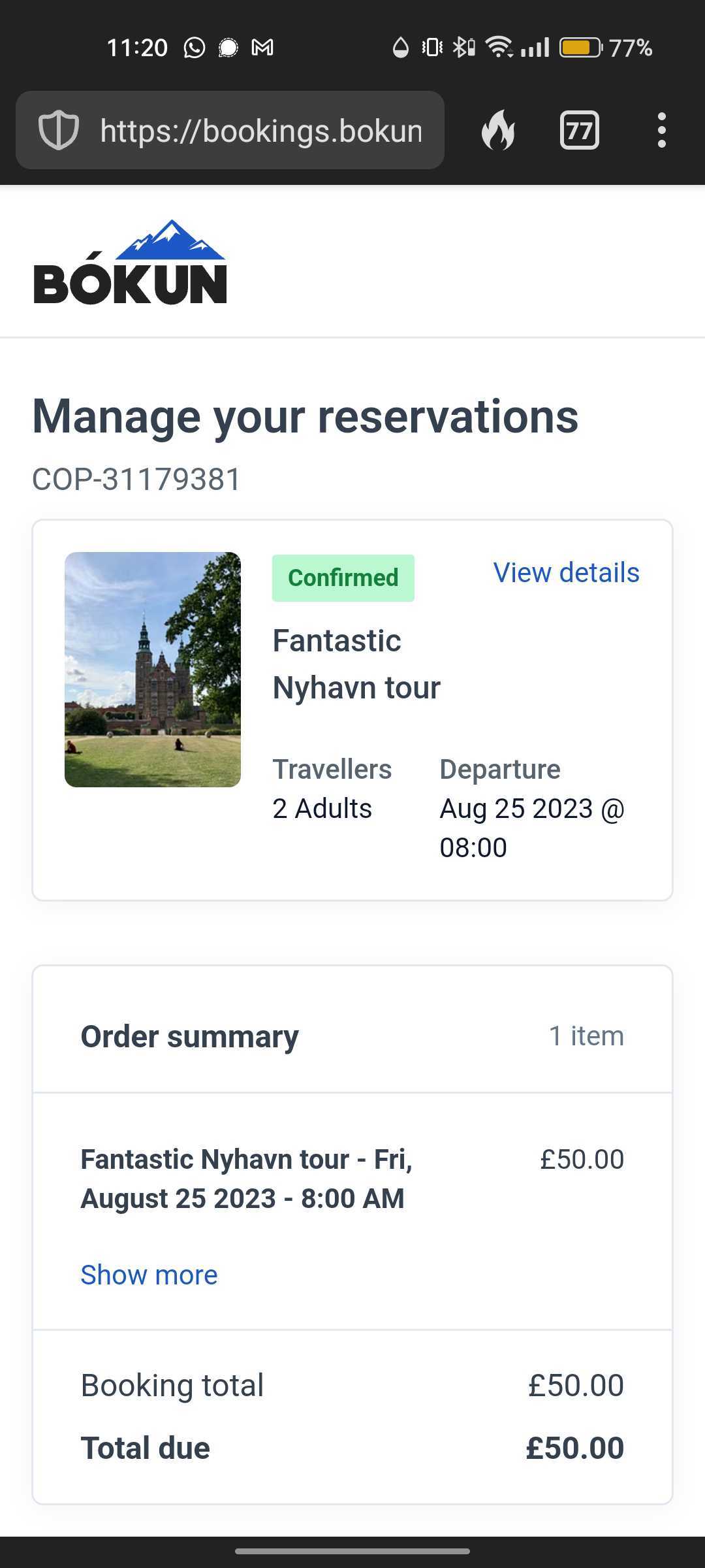 A mobile view of a booking portal showing the price and experience booked