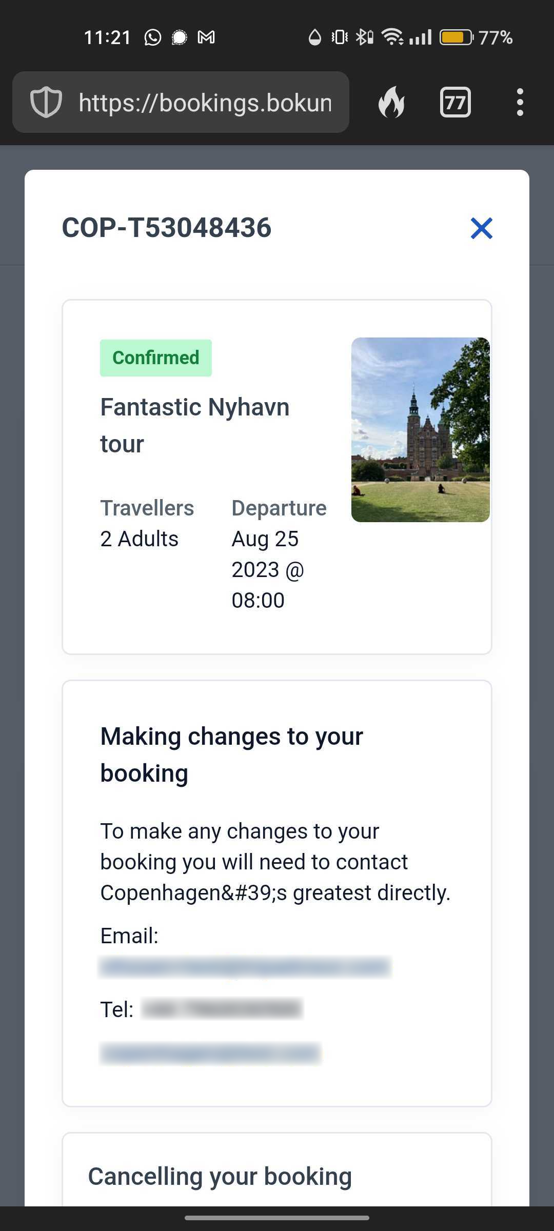 A mobile view of a booking portal showing the option to change or cancel the booking
