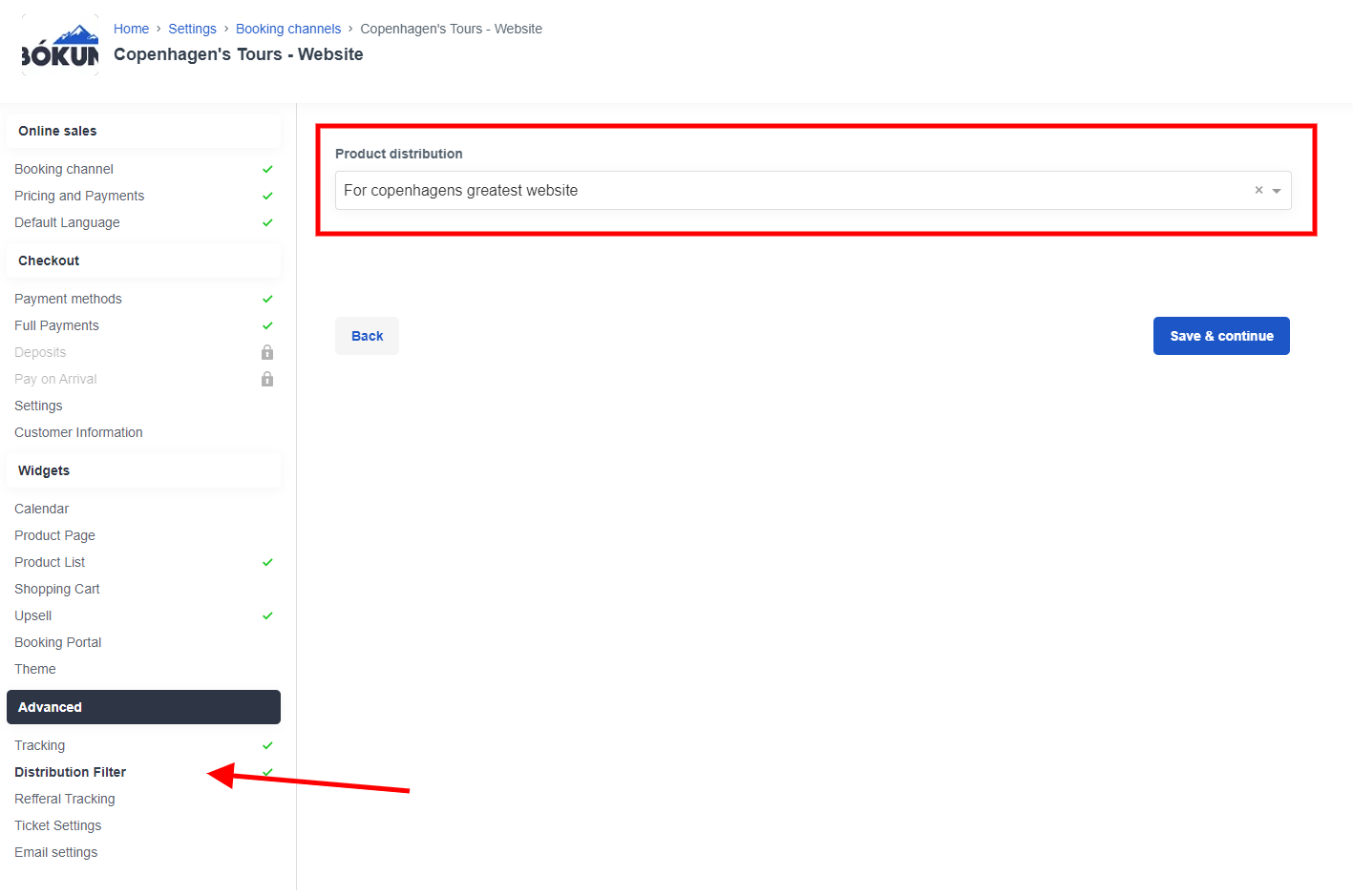 Booking channel dsitrbution tab, showing a selected distribution rule