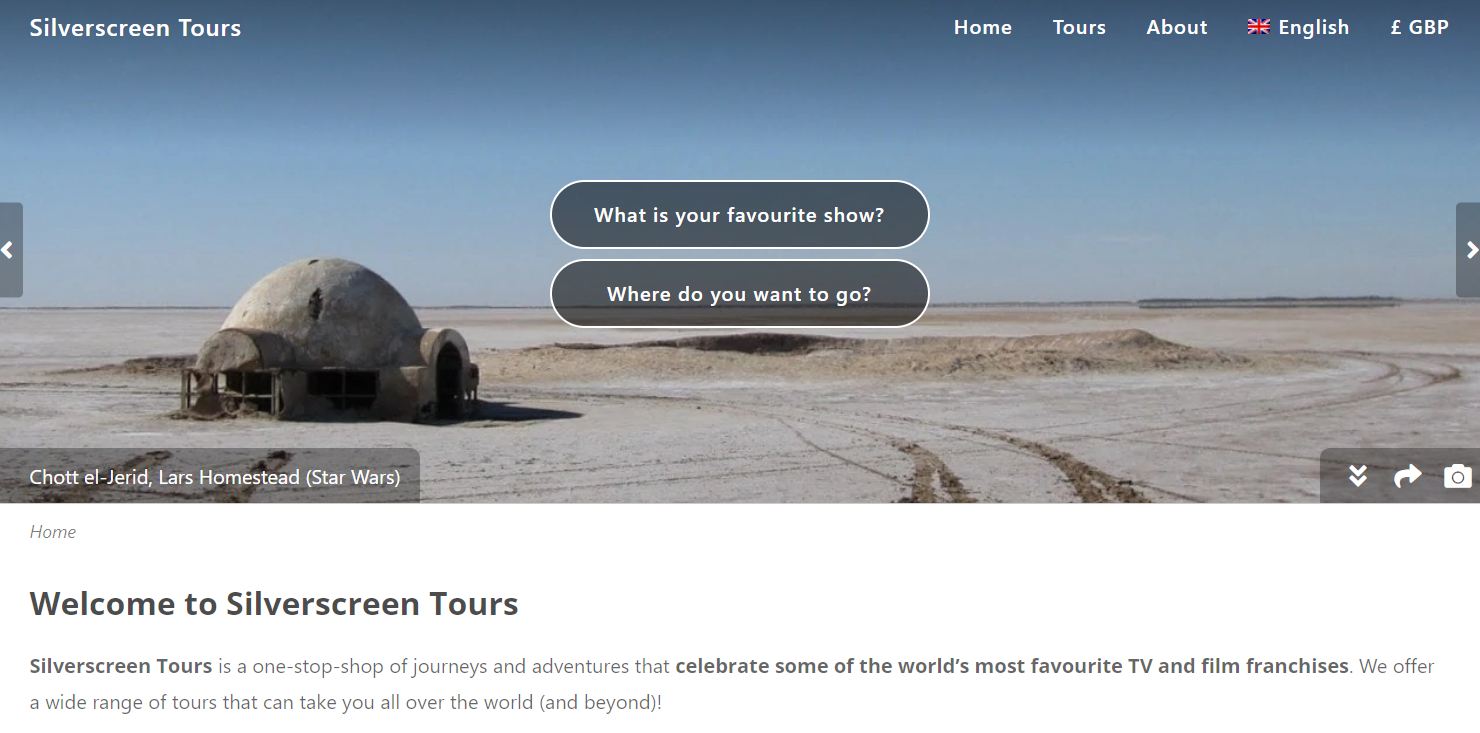 Luke Skywalkers homestead on the Silverscreen tours homepage