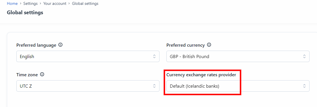 The global settings tab showing a red frame around the currency exchnage rate provider dropdown