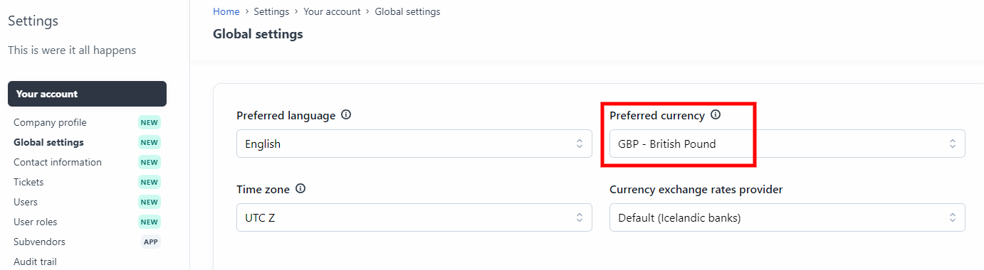The global settings tab showing a red frame around the preferred currency setting