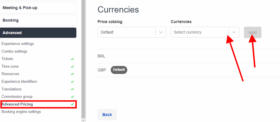 Advanced pricing navigation on a product showing the currencies