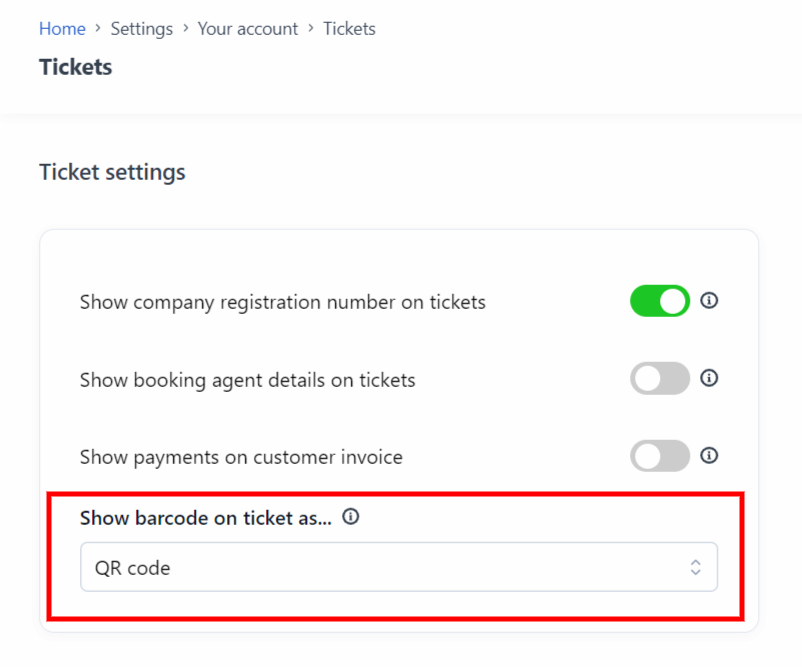 The barcode settings drop-down menu in Bókun